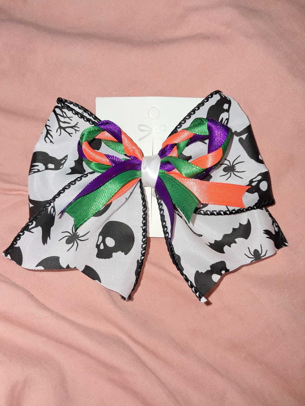 Halloween Skull & Spider Bow Hair Barrette - Black, White, Green, Orange, Purple